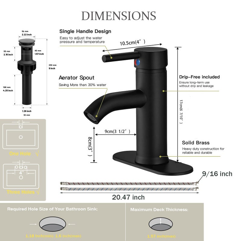 Green Spring Greenspring Matte Black Bathroom Faucet, Single Hole Single Handle Bathroom Sink Faucets Modern Vanity Sink Faucet Commercial Lavatory Basin Bath Mixer Tap with Pop Up Drain and Cover Plate, Brass - Image 2